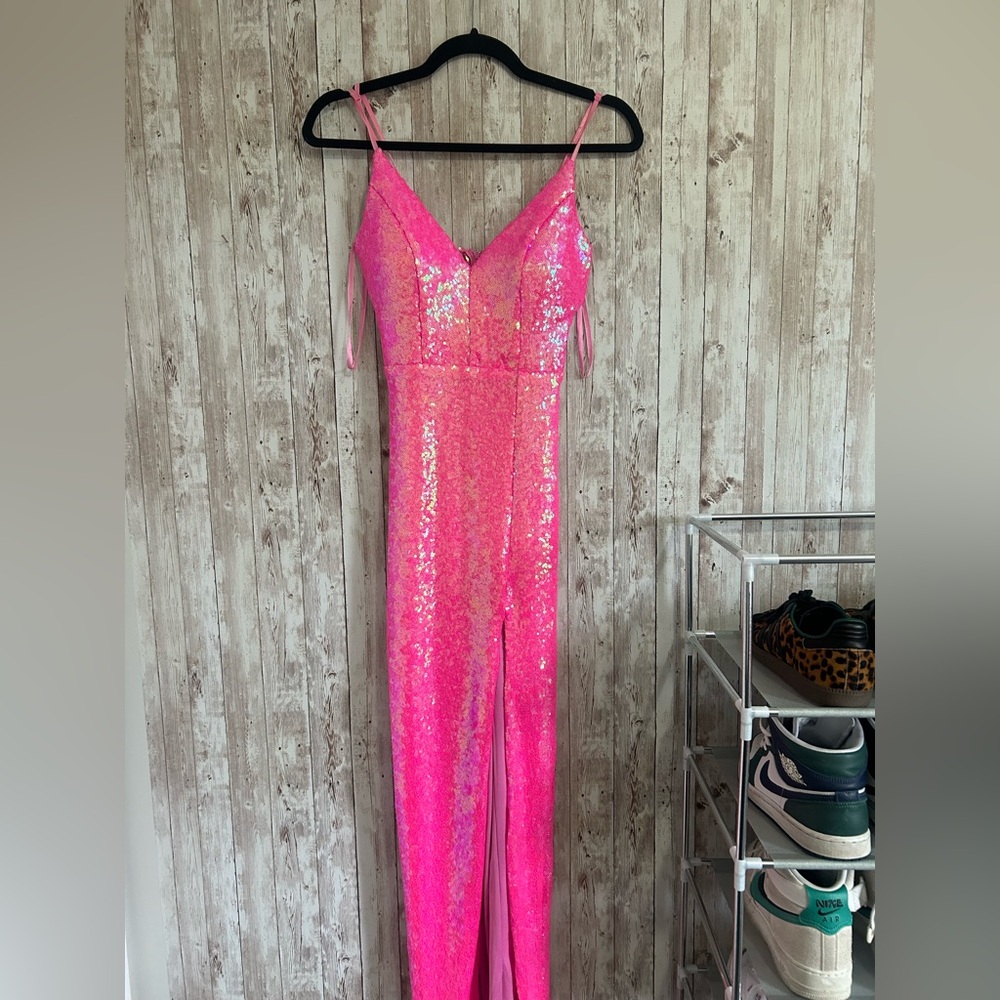 Pink Sequin Spaghetti Strap Prom Dress